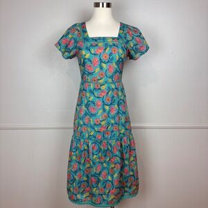 Maisie Tiered Midi Dress Size XS Teal Pink Floral Square Neck Lined Cottagecore